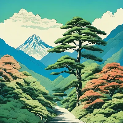 宫崎骏风格蓝色天空与绿色大树山峰