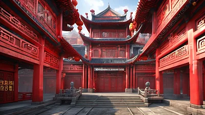红色中式建筑机械齿轮环绕舞台