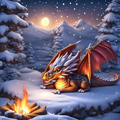 雪夜中可爱的羽毛龙与篝火相伴
