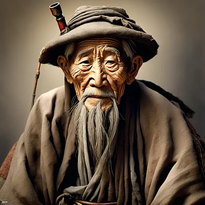 慈祥中国老人古装皱纹烟斗