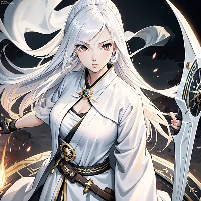 女战士镰刀白色长袍战争水彩画