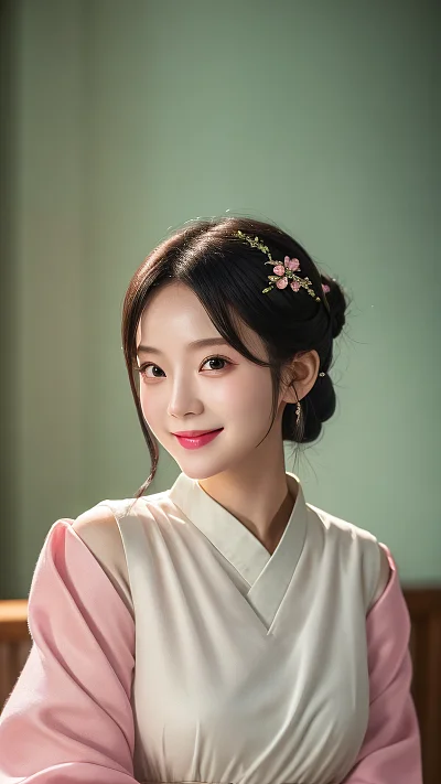 青涩微笑女孩白色衣黑色发粉色发卡