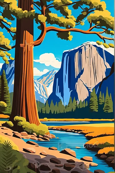 浪漫蓝天下的约塞米蒂山谷风景