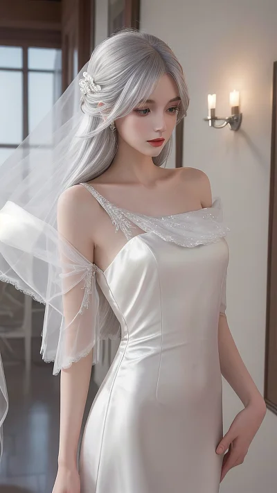 银色齐肩发少女白裙精致美