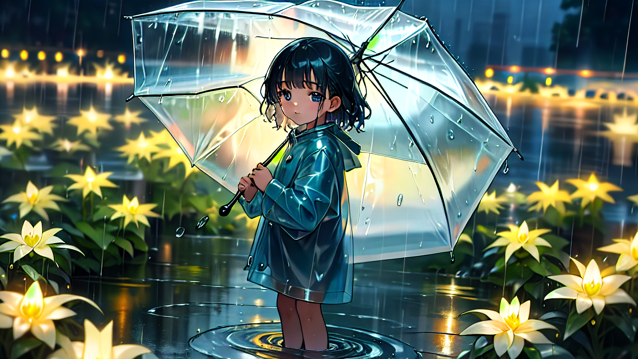 雨天小朋友穿雨衣踩水快乐