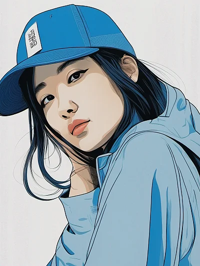 极简主义风格蓝色帽子女孩插画