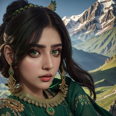 克什米尔女孩绿眼睛高山背景