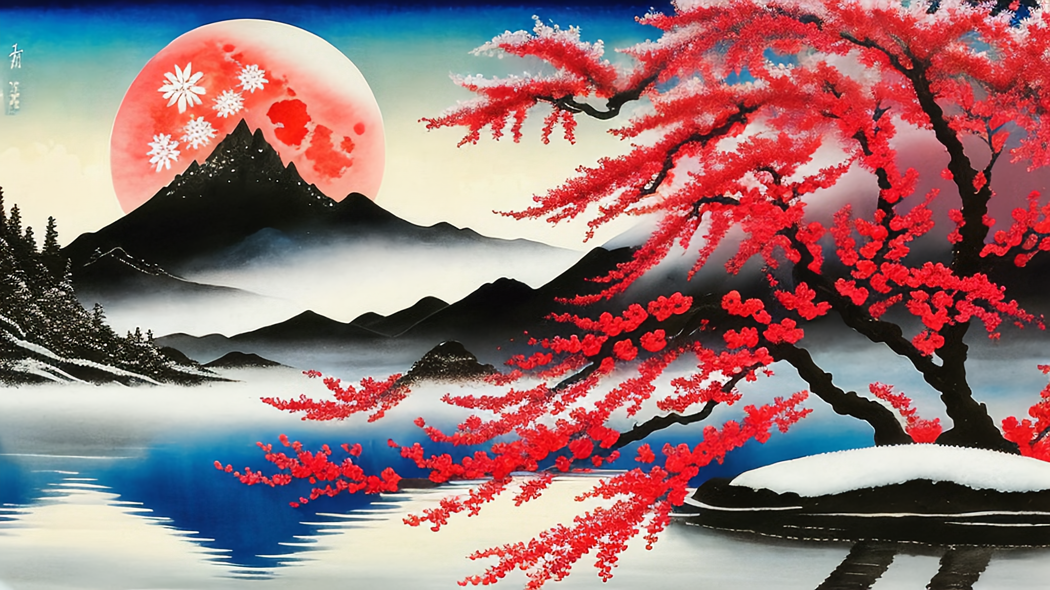 水墨画风格红月樱花山脉作品