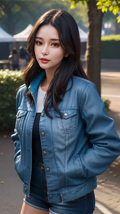 混血美女公园工作者的蓝色夹克情侣照