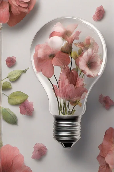 逼真3D灯泡内含花朵艺术照片