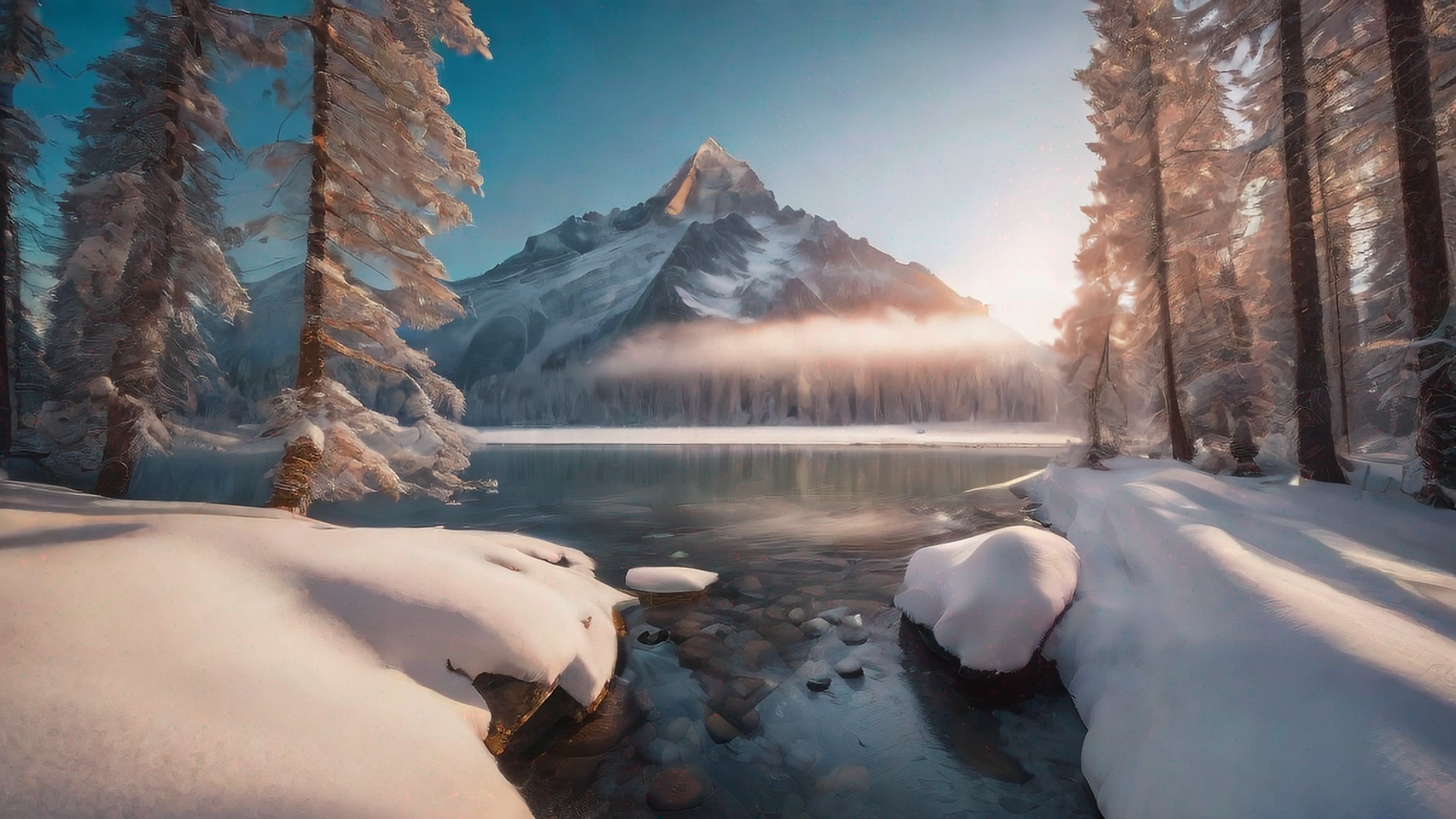 新雪覆盖山峰的宁静美景