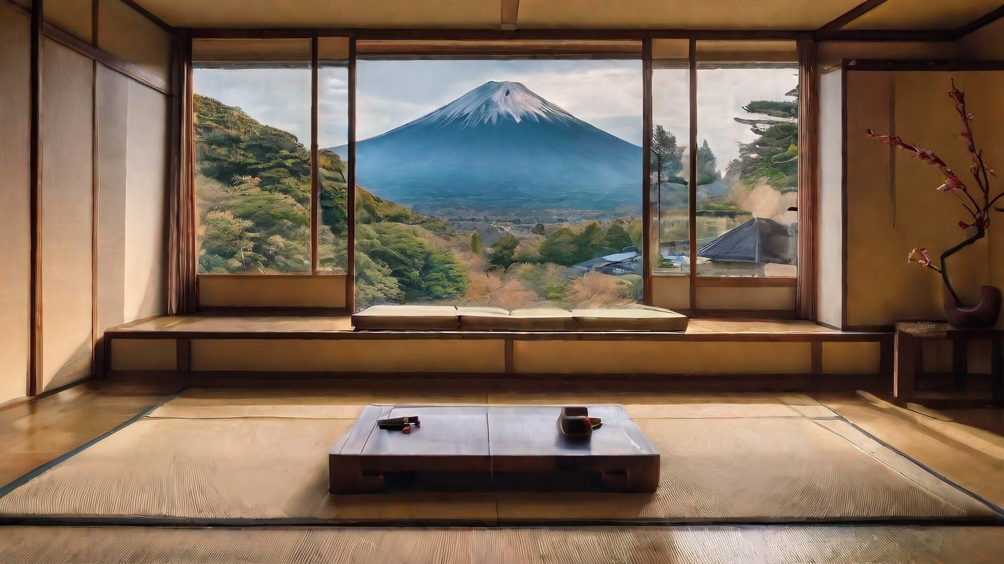 传统日式客厅富士山景观