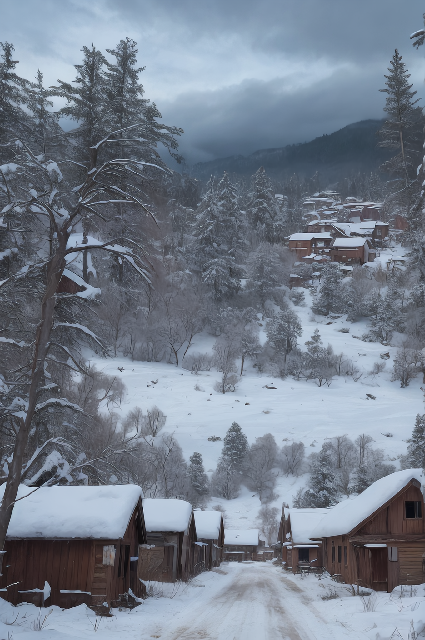 雪中废弃村庄阴天枯松视觉小说背景