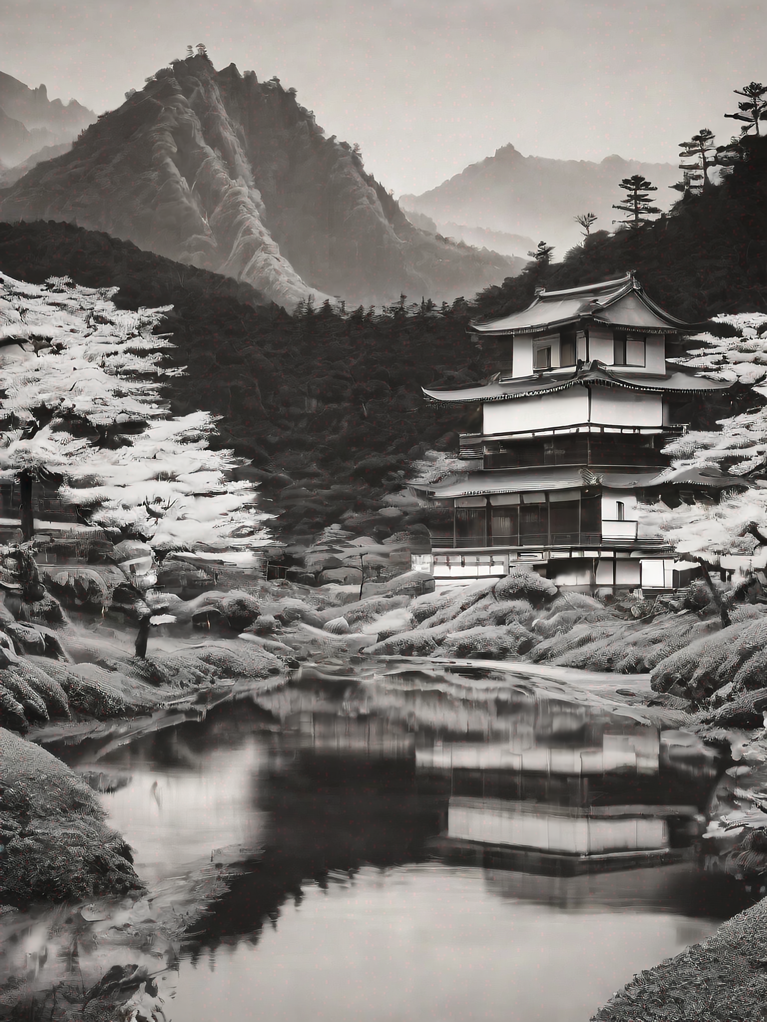 传统日本黑白风景雕刻艺术