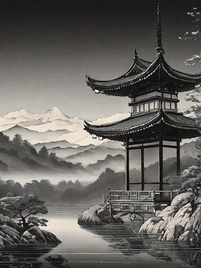 传统日本黑白风景雕刻