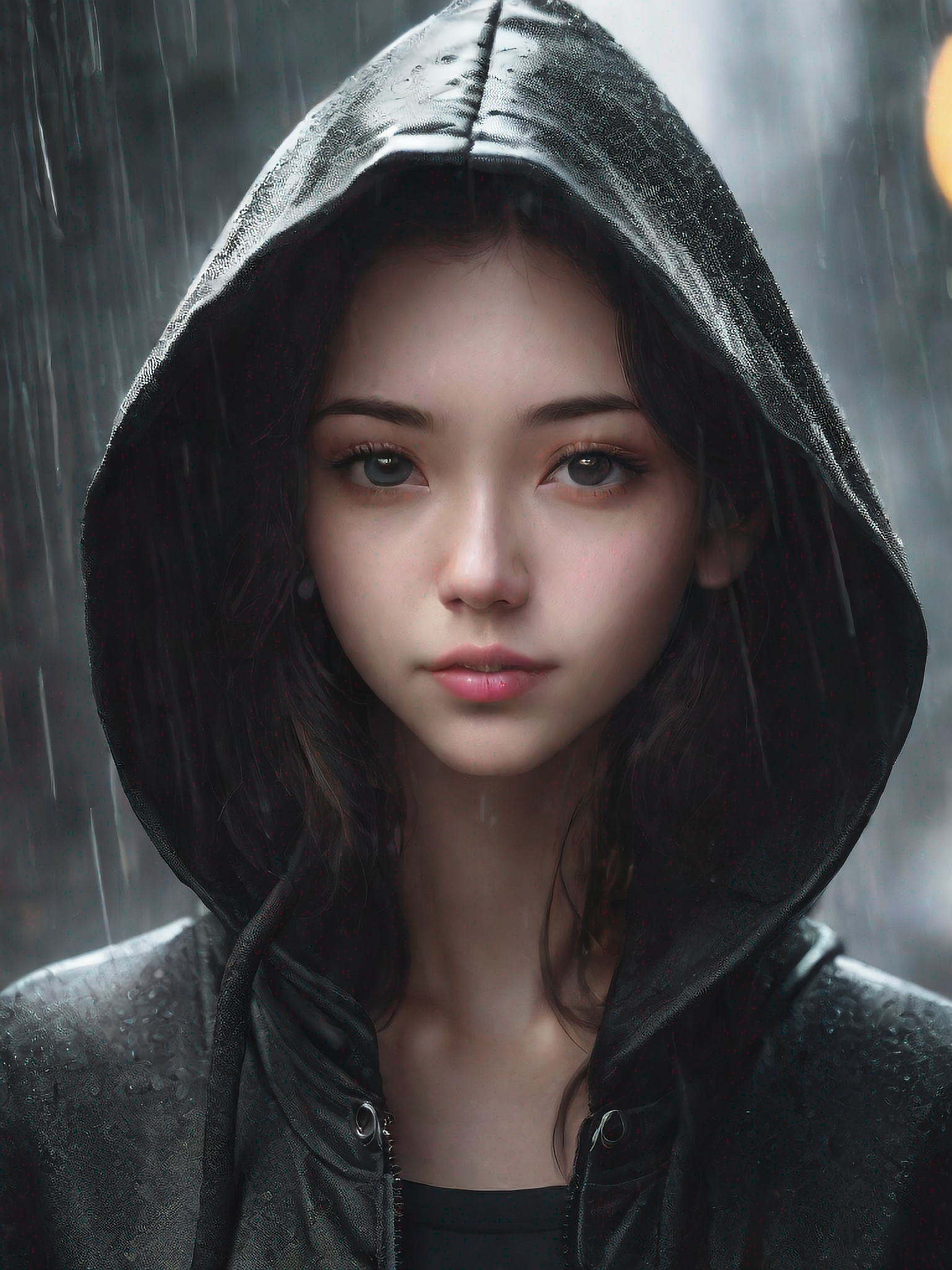 雨中撑伞黑帽衫白皙少女