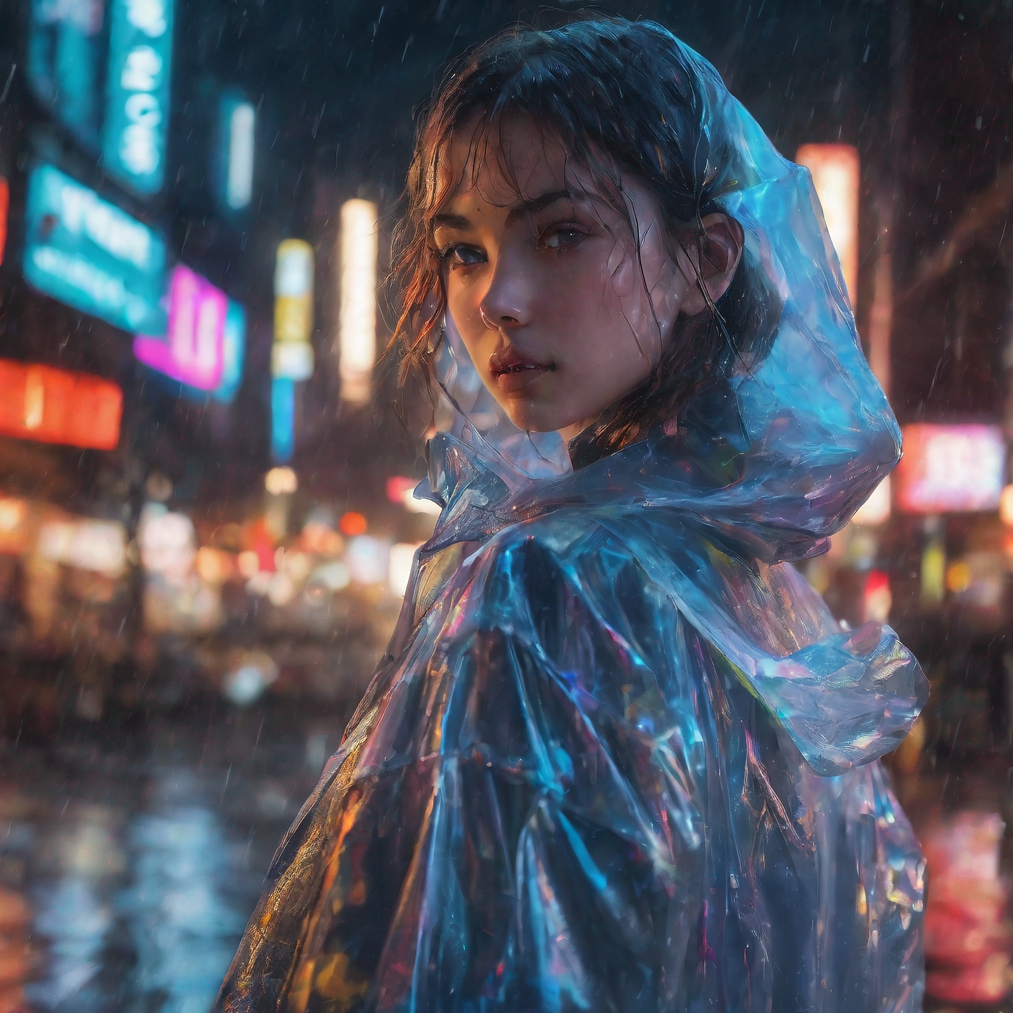 雨夜城市霓虹下的动漫风格透明雨衣美女