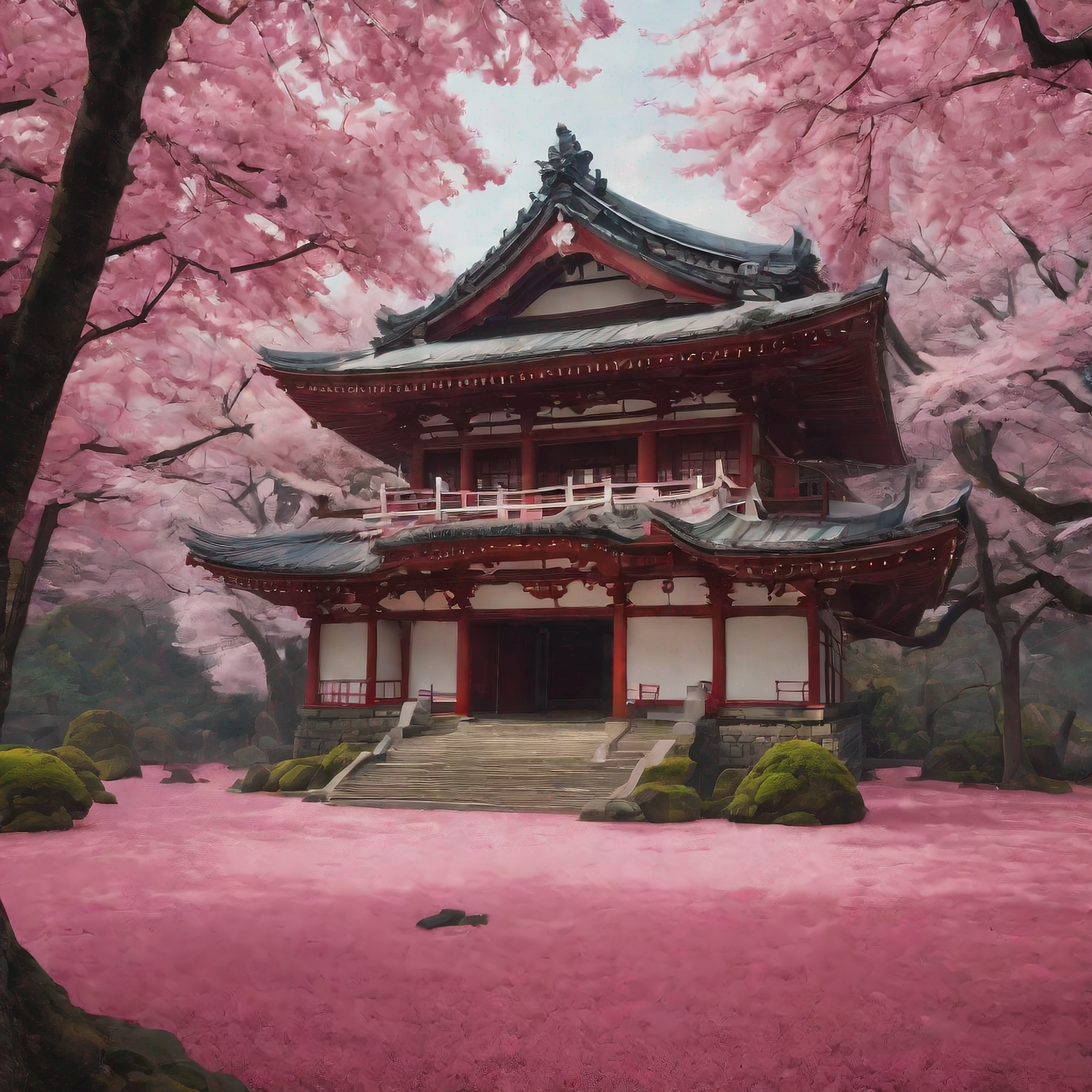 樱花树下的日本寺庙壁纸