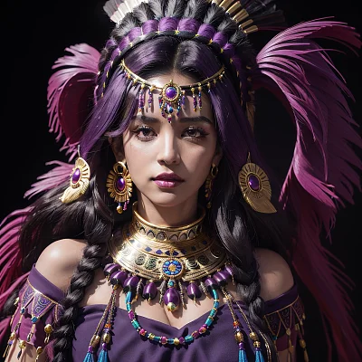 深紫色头发美女阿兹特克头饰