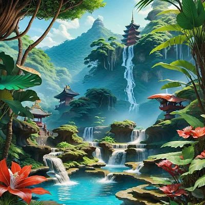 丛林天堂浮世绘风格瀑布宝塔