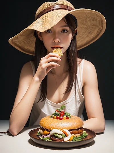 趴地进食的戴帽男子50mm定焦摄影