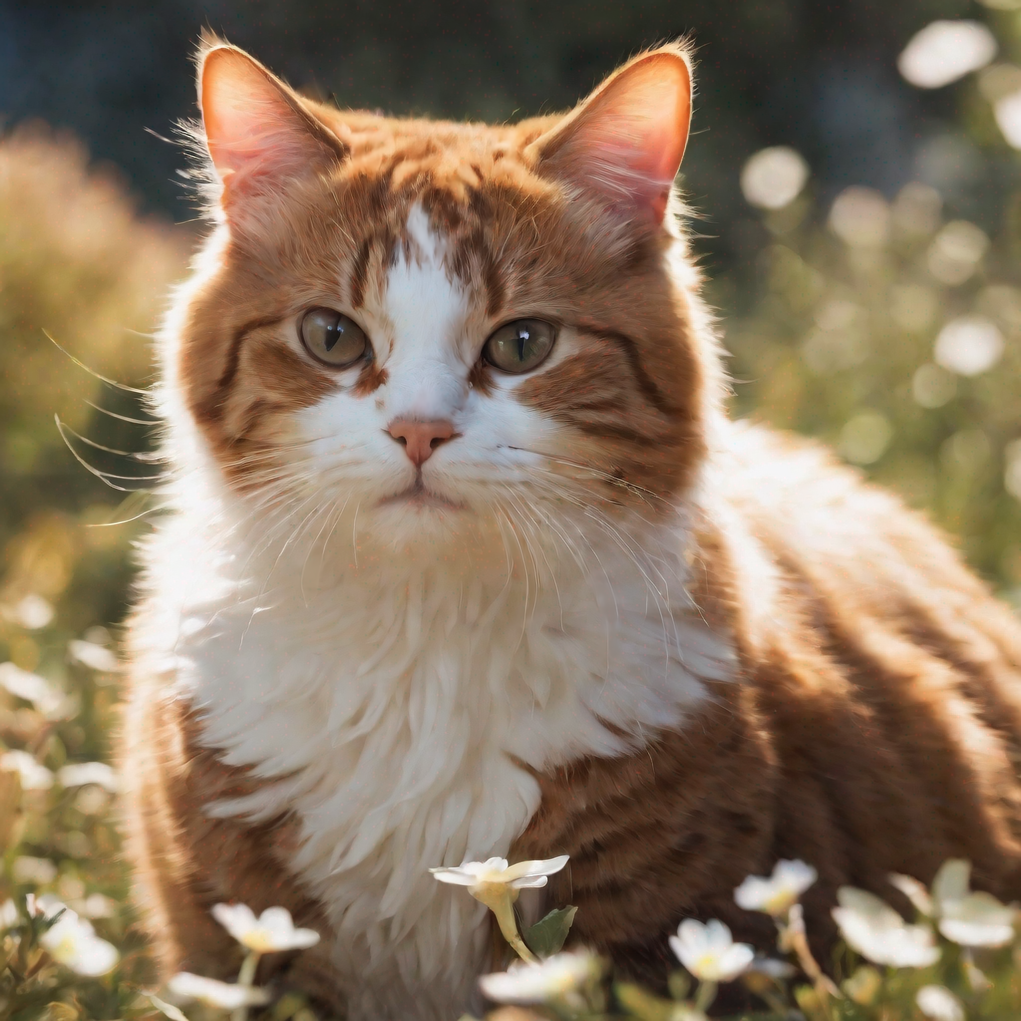 白色棕色猫叼花逼真细节