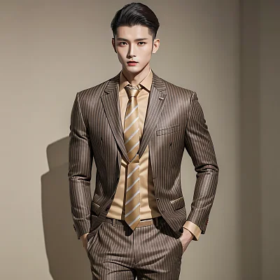 广东男模米色衬衫细条纹领带时尚摄影