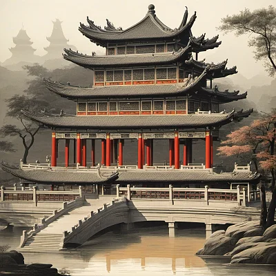 古风湖心亭阁楼