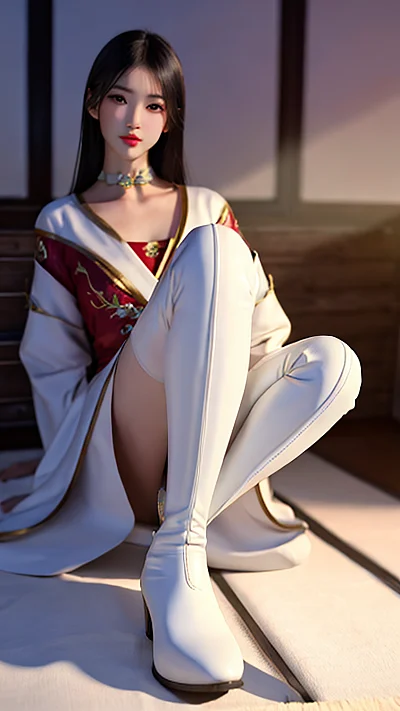 国风美女穿白靴长腿艺术照