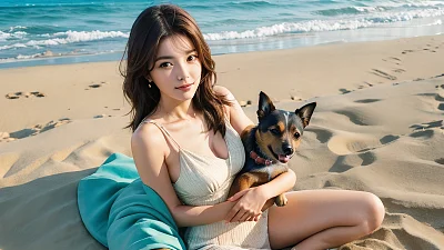 沙滩上的妇女与宠物狗