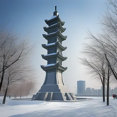 哈尔滨冬季雪景防洪纪念塔