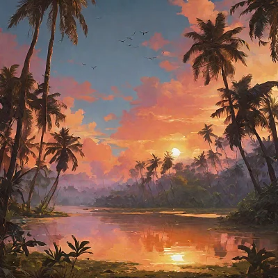 热带丛林橙色日落风景