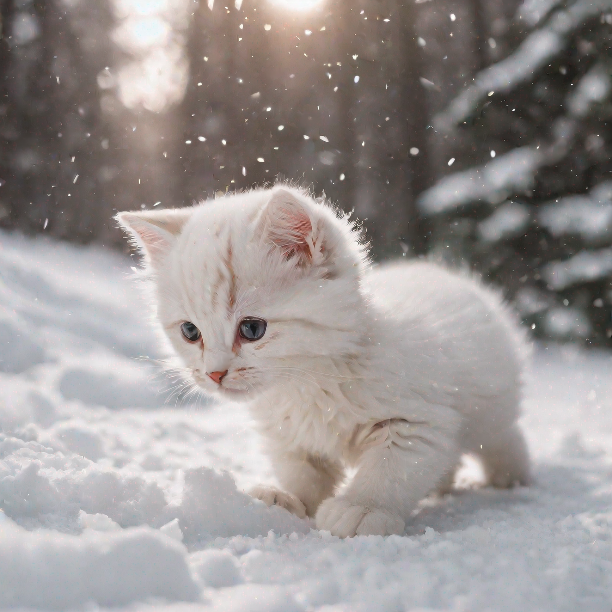 雪地里的白色小猫玩耍