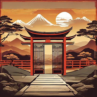 亚洲复古风格山景大门插图设计