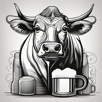 牛酿啤酒线稿插画