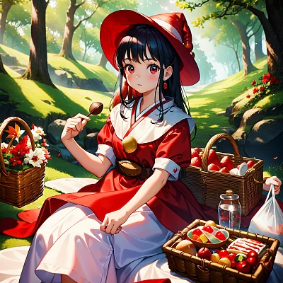 红帽白裙小女孩森林野餐