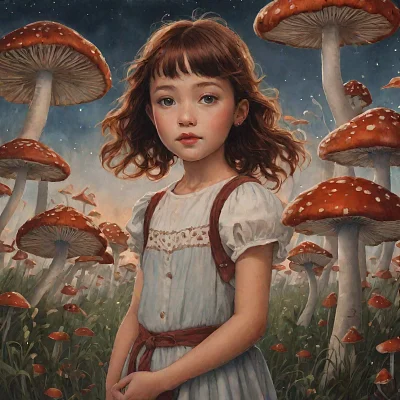红棕色头发小女孩蘑菇田夜空仰望