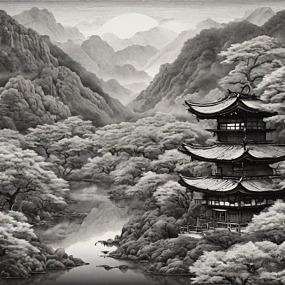细腻黑白水墨日式风景画