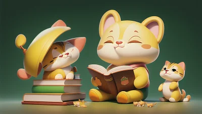 温馨卡通插画：小人读书与多彩小猫