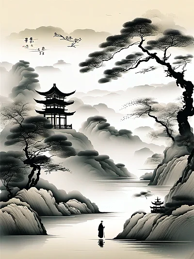 古代诗人在亭中静立，国风水墨山水意境