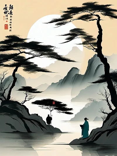 国风山水水墨画意境亭中诗人