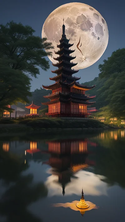中秋水墨画大雁塔赏月