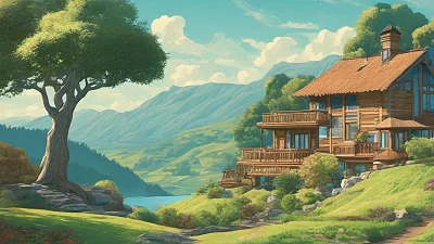 郁郁葱葱森林童话屋风景