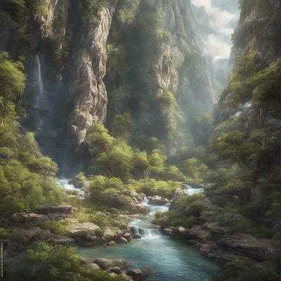 魔法山谷森林河流瀑布避难所