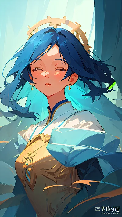 极简主义克莱因蓝女性闭眼卡通插画