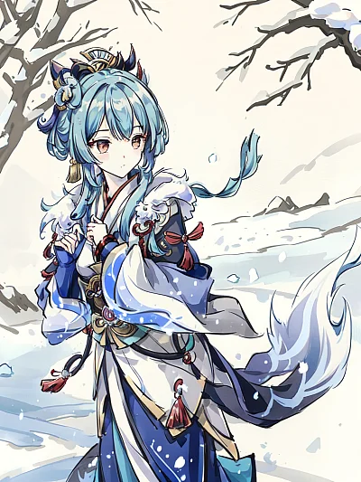 冰雪战斗中的甘雨原神角色水彩风格
