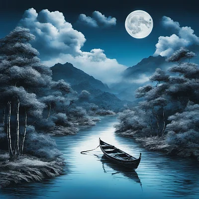 水墨画风格河畔月夜摄影