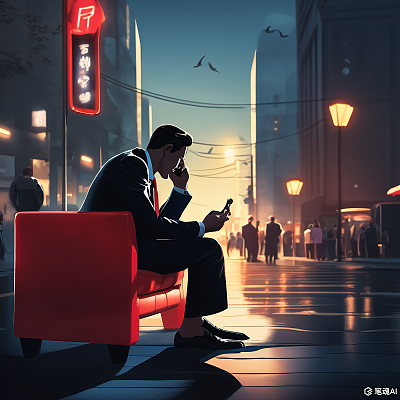 商务男士红色椅子卡通背景通话