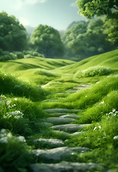 3D绿色草地蜿蜒小路透视