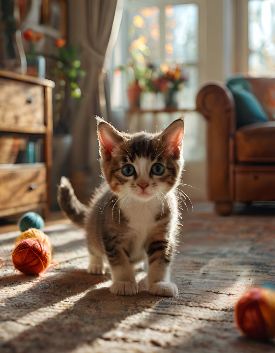 小猫盯彩色毛线球兴奋耳朵竖立